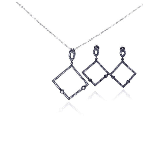 .925 Sterling Silver Rhodium Plated Open Square Black Cz Dangling Earring & Necklace Set