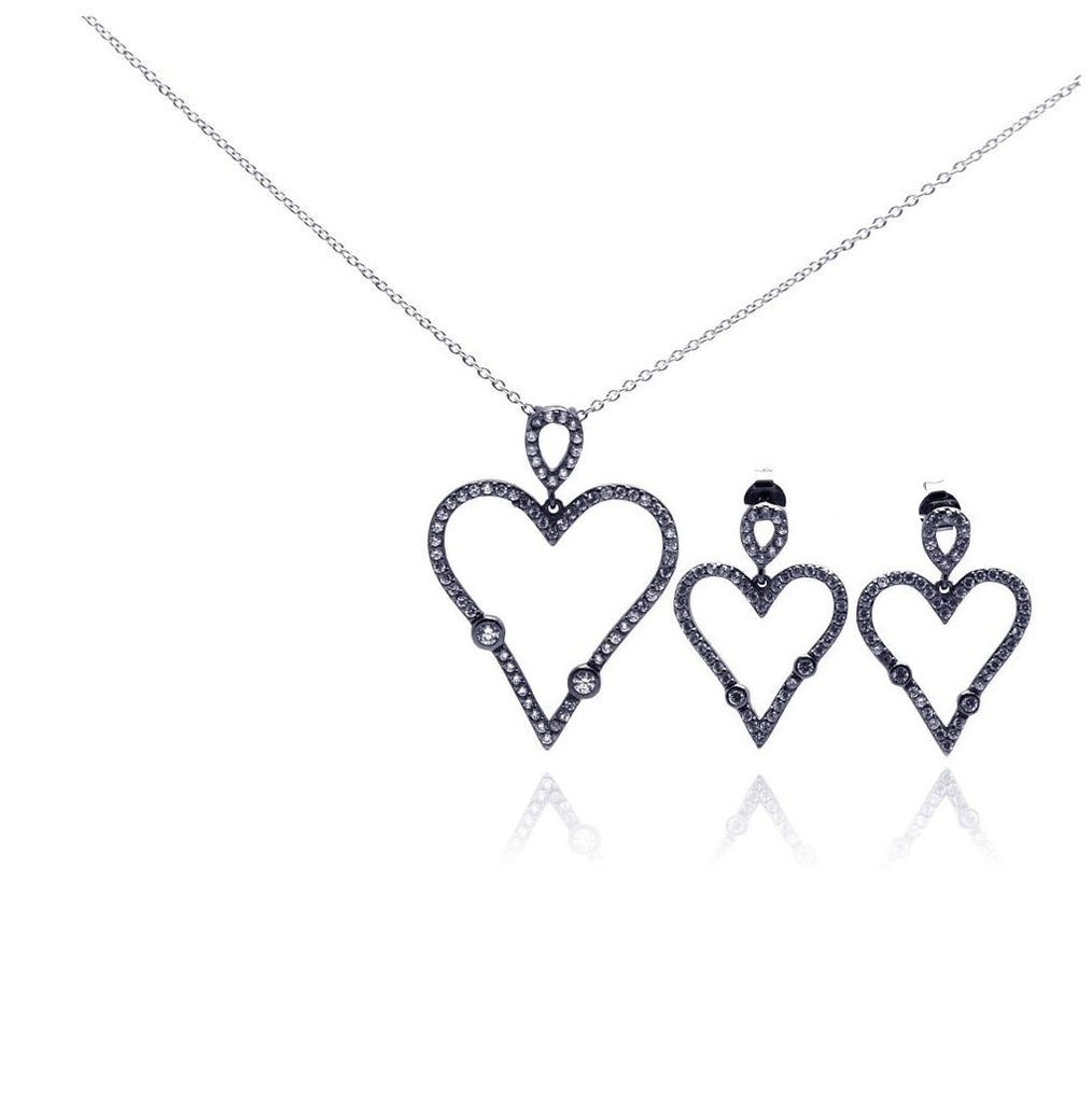 .925 Sterling Silver Rhodium Plated Open Heart Cz Dangling Stud Earring & Necklace Set