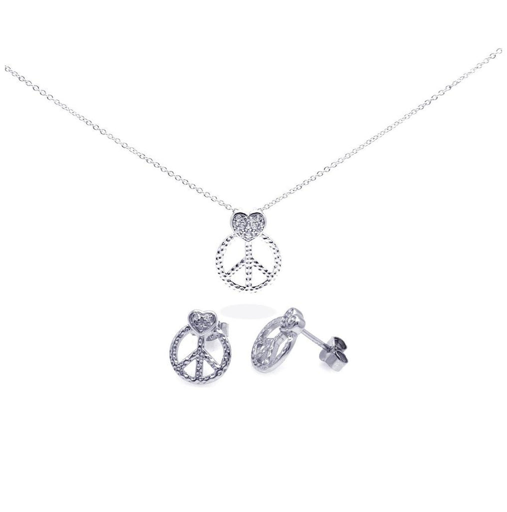 .925 Sterling Silver Rhodium Plated Open Peace Sign Cz Stud Earring & Necklace Set