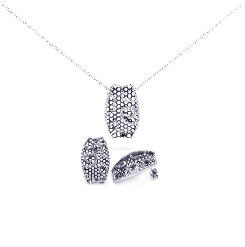 .925 Sterling Silver Rhodium Plated Mesh Flower Cz Stud Earring & Necklace Set