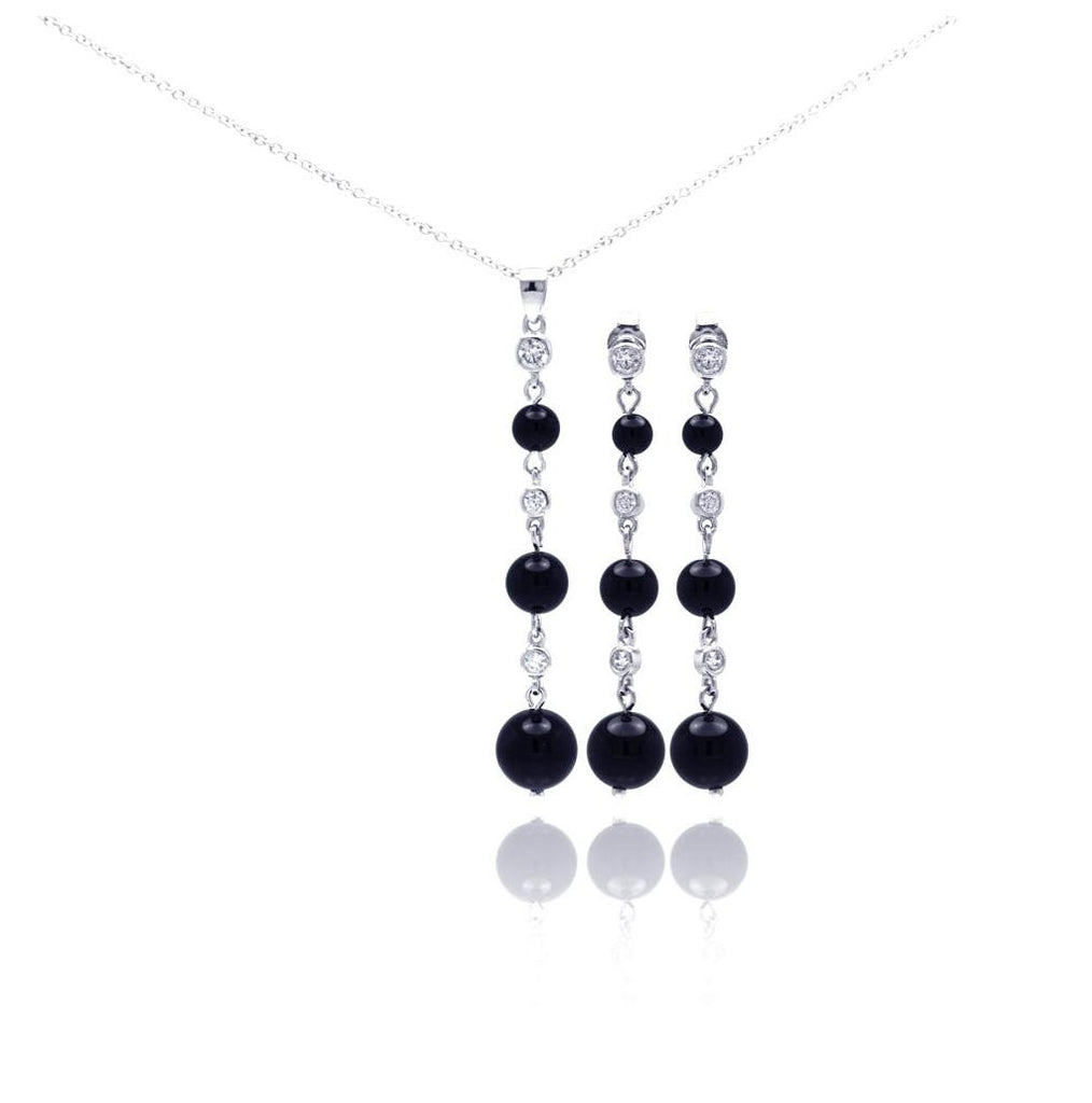 .925 Sterling Silver Rhodium Plated Graduated Black Onyx Clear Cz Dangling Stud Earring & Necklace Set