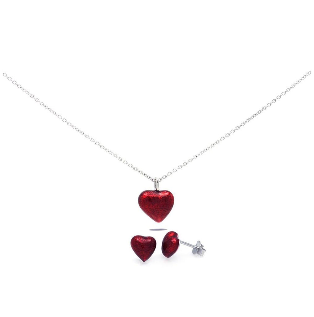 .925 Sterling Silver Rhodium Plated Red Heart Cz Stud Earring & Necklace Set