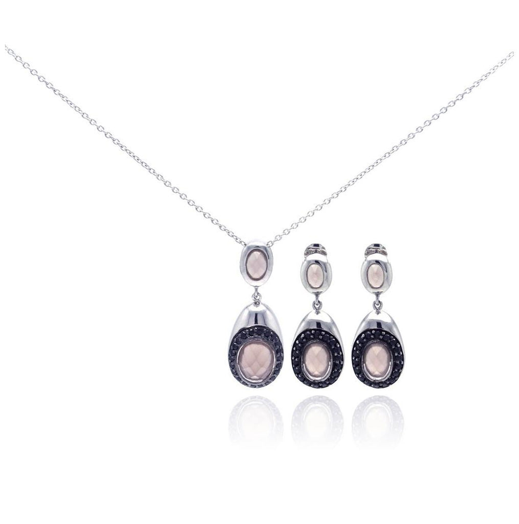 .925 Sterling Silver Rhodium Plated Teardrop Black Cz Dangling Stud Earring & Necklace Set