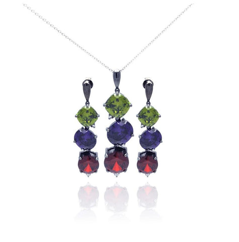 .925 Sterling Silver Rhodium Plated Multiple Color Round Cz Dangling Earring & Necklace Set