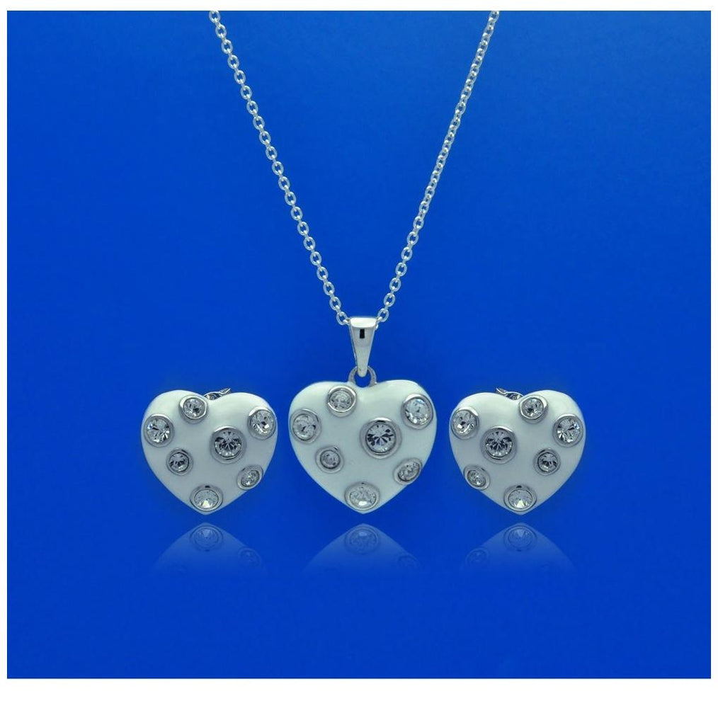 .925 Sterling Silver Rhodium Plated Heart White Enmale Clear Cz Stud Earring & Necklace Set