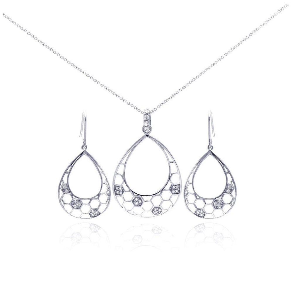 .925 Sterling Silver Rhodium Plated Open Teardrop Cz Dangling Hook Earring & Necklace Set