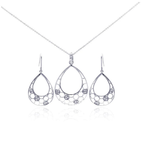 .925 Sterling Silver Rhodium Plated Open Teardrop Cz Dangling Hook Earring & Necklace Set