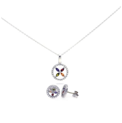 .925 Sterling Silver Rhodium Plated Open Cuircle Multicolor Flower Cz Stud Earring & Necklace Set