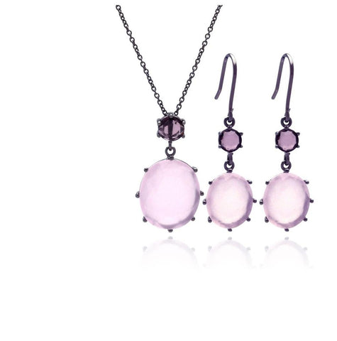 .925 Sterling Silver Rhodium Plated Light Pink Round Cz Dangling Hook Earring & Necklace Set