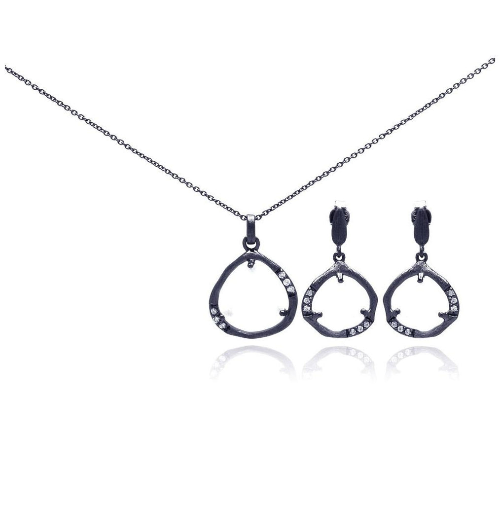 .925 Sterling Silver Dark Rhodium Plated Open Teardrop Cz Dangling Stud Earring & Necklace Set