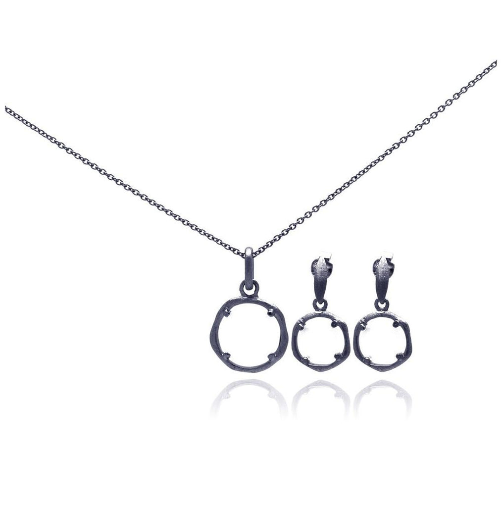 .925 Sterling Silver Dark Rhodium Plated Open Curvy Circle Cz Dangling Stud Earring & Necklace Set