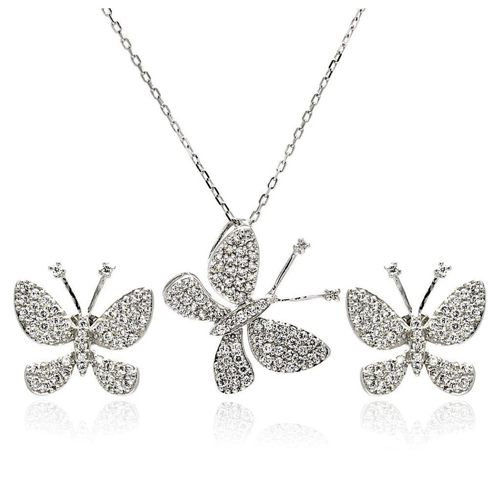 .925 Sterling Silver Rhodium Plated Butterfly Cz Stud Earring & Necklace Set