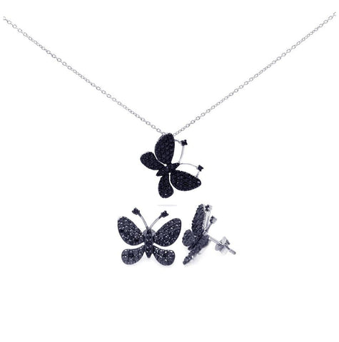 .925 Sterling Silver Rhodium Plated Black Butterfly Cz Stud Earring & Necklace Set