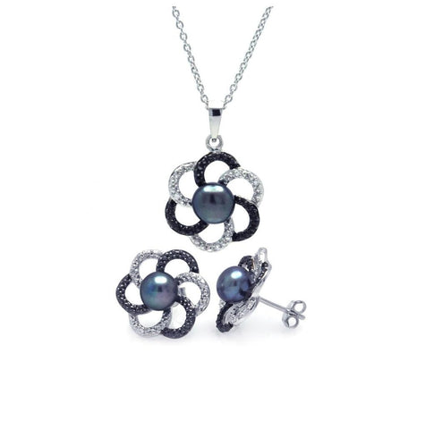 .925 Sterling Silver Rhodium Plated Multicolor Open Flower Cz Black Pearl Stud Earring & Necklace Set