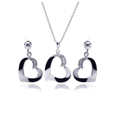 .925 Sterling Silver Black Rhodium Plated Open Heart Cz Dangling Stud Earring & Necklace Set