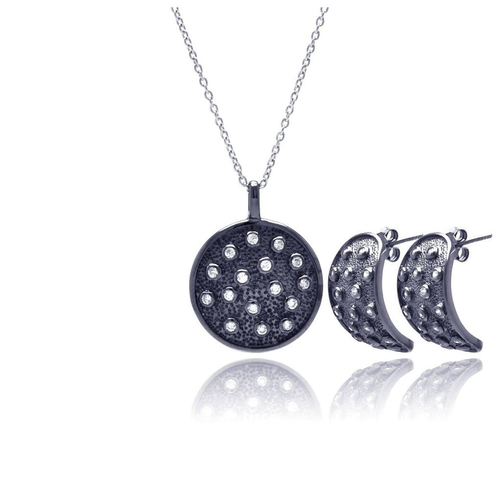 .925 Sterling Silver Black Rhodium Plated Circle Cz Stud Earring & Necklace Set