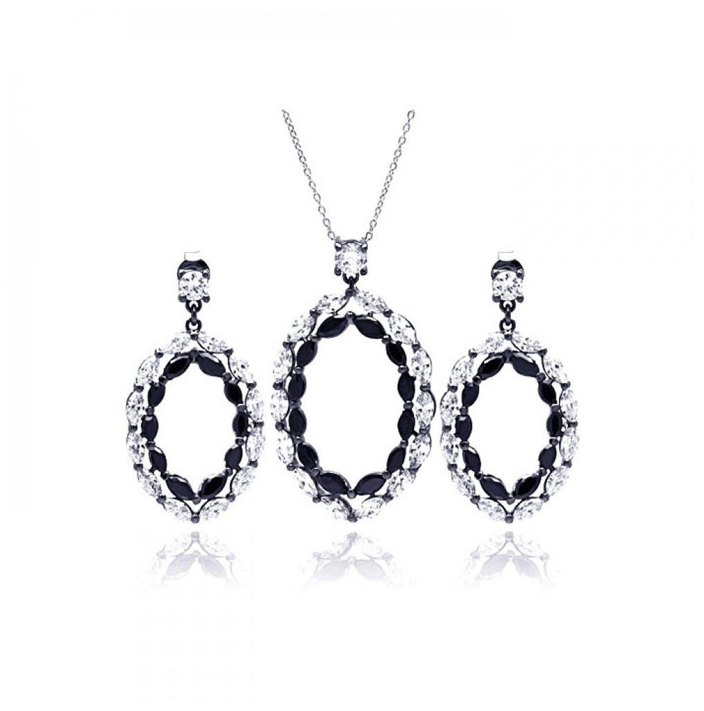 .925 Sterling Silver Rhodium Plated Open Marqui Black & Clear Cz Dangling Earring & Necklace Set