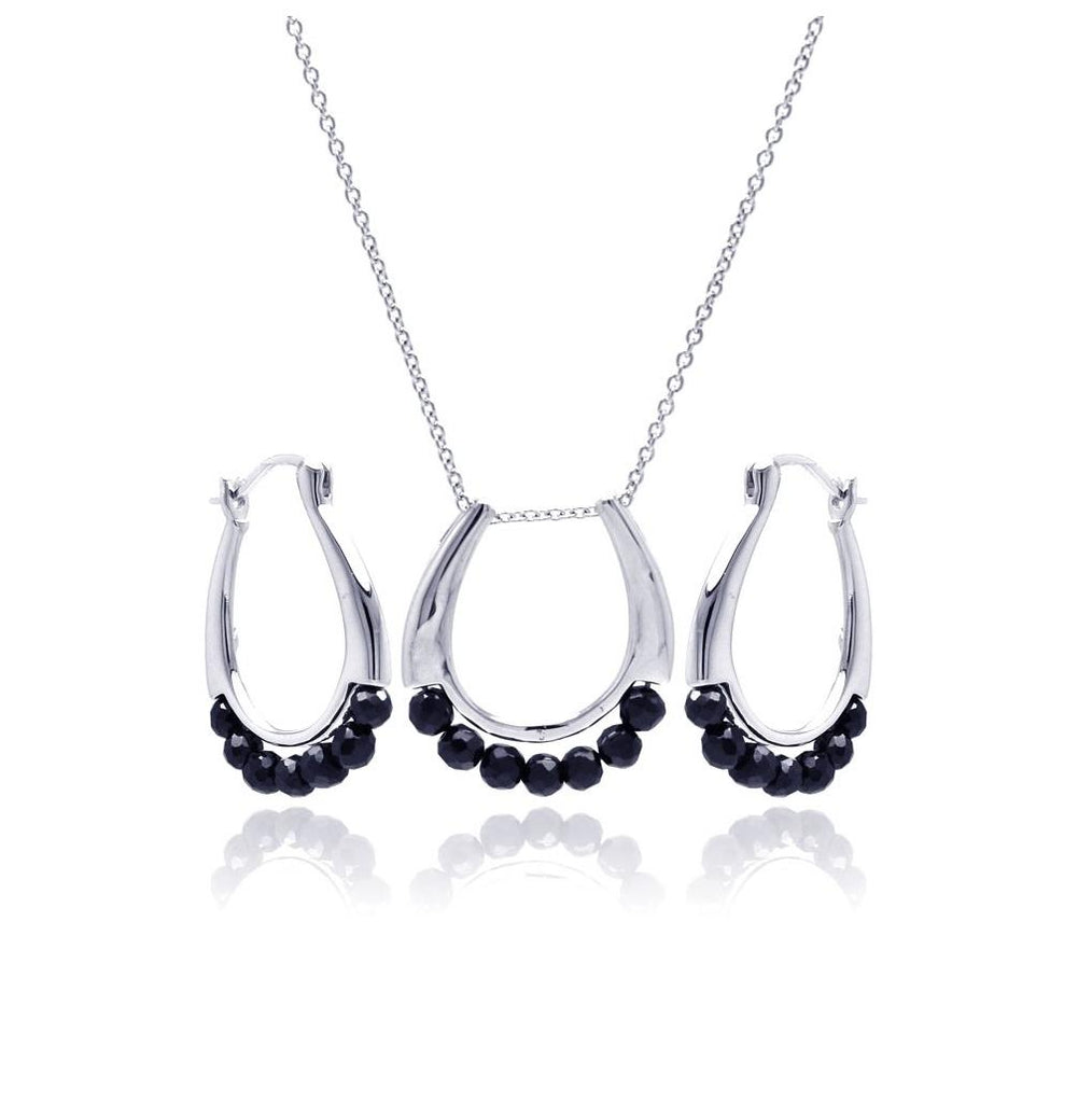 .925 Sterling Silver Rhodium Plated Open Round Black Ball Cz Hoop Earring & Necklace Set