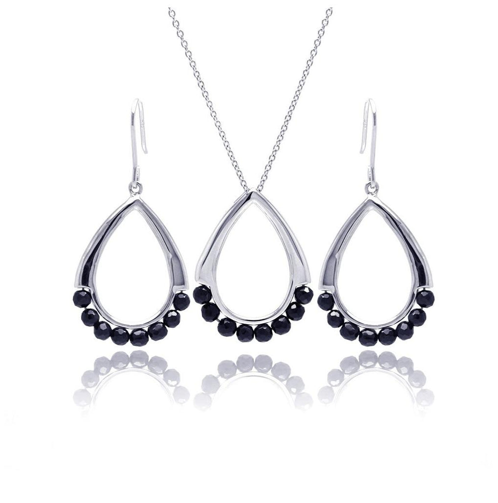 .925 Sterling Silver Rhodium Plated Open Teardrop Black Ball Cz Dangling Hook Earring & Necklace Set