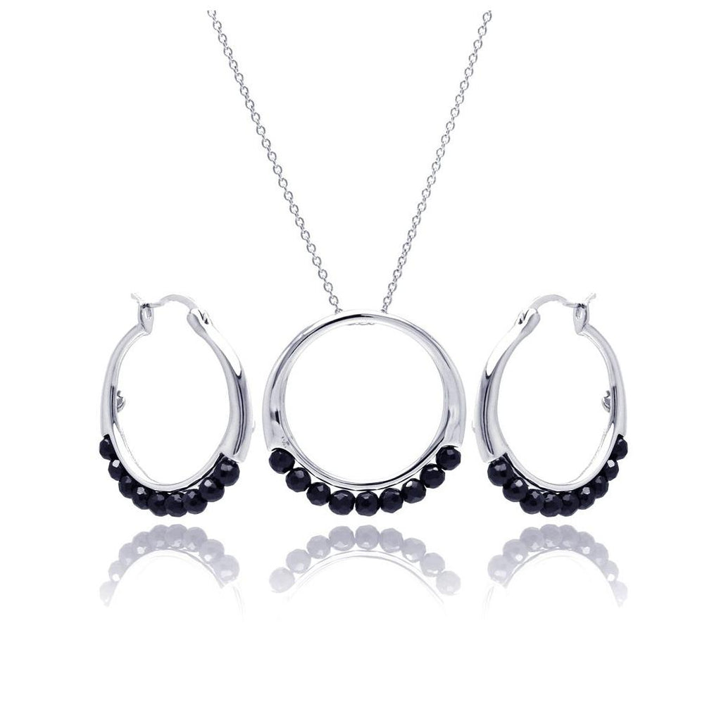 .925 Sterling Silver Rhodium Plated Round Black Ball Cz Hoop Earring & Necklace Set