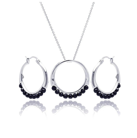 .925 Sterling Silver Rhodium Plated Round Black Ball Cz Hoop Earring & Necklace Set