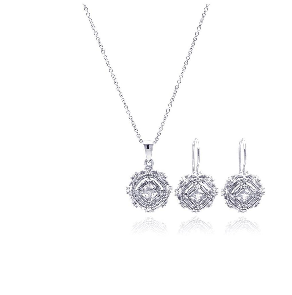 .925 Sterling Silver Rhodium Plated Antique Style Princess Cut Cz Hook Earring & Necklace Set