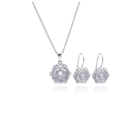 .925 Sterling Silver Rhodium Plated Antique Style Round Cz Hook Earring & Necklace Set