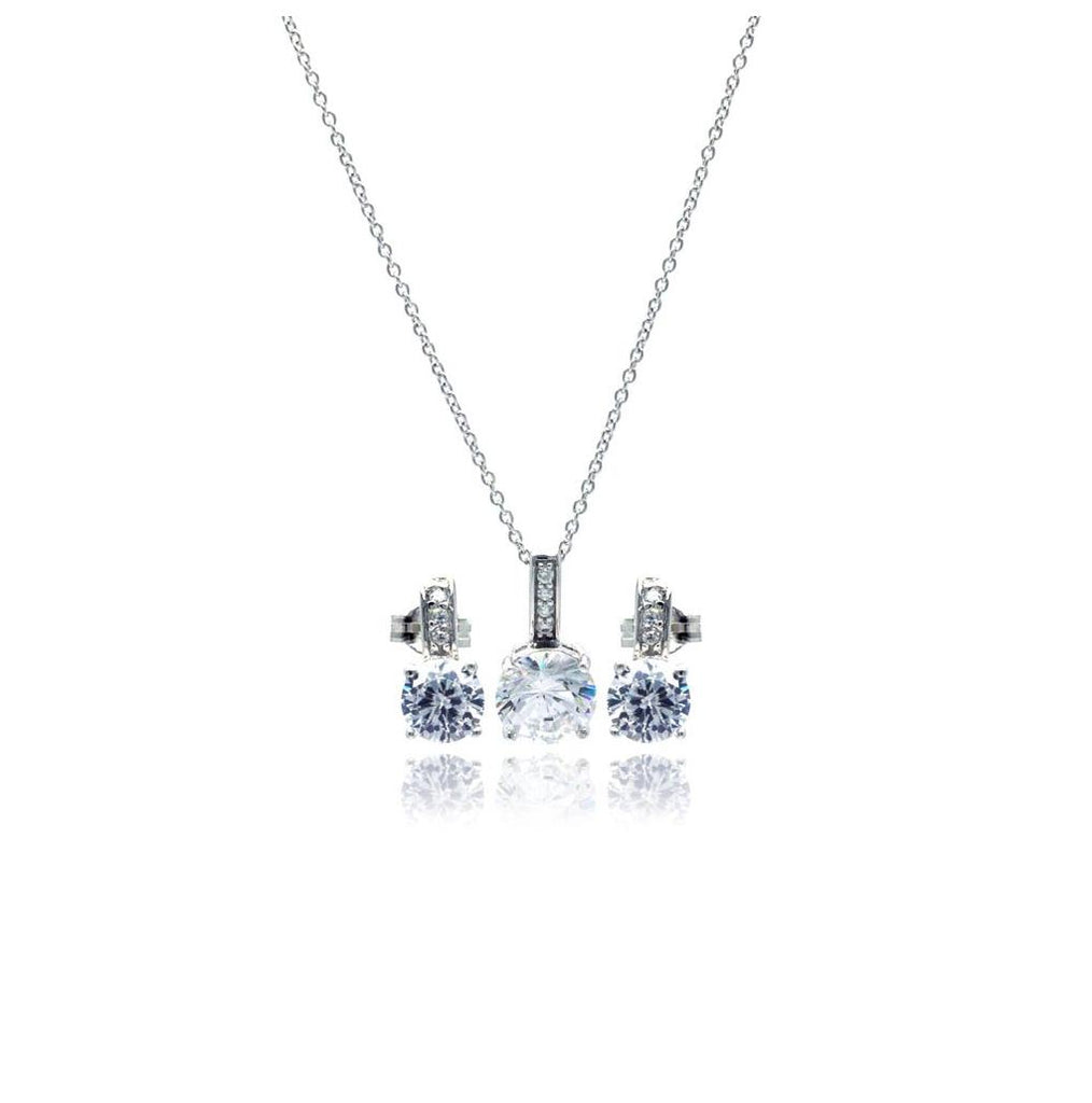 .925 Sterling Silver Rhodium Plated Round Cz Stud Earring & Necklace Set