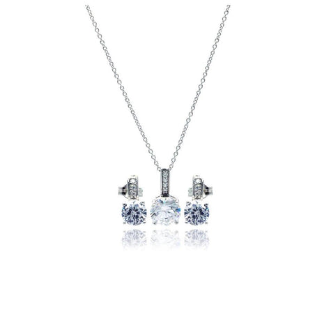 .925 Sterling Silver Rhodium Plated Round Cz Stud Earring & Necklace Set