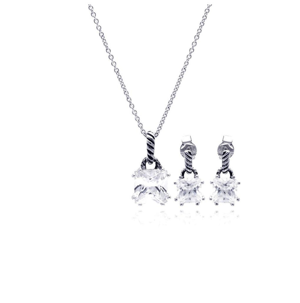 .925 Sterling Silver Rhodium Plated Princess Cut Cz Dangling Stud Earring & Necklace Set