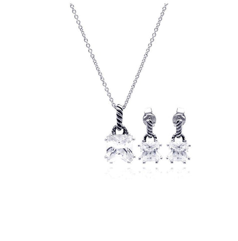 .925 Sterling Silver Rhodium Plated Princess Cut Cz Dangling Stud Earring & Necklace Set