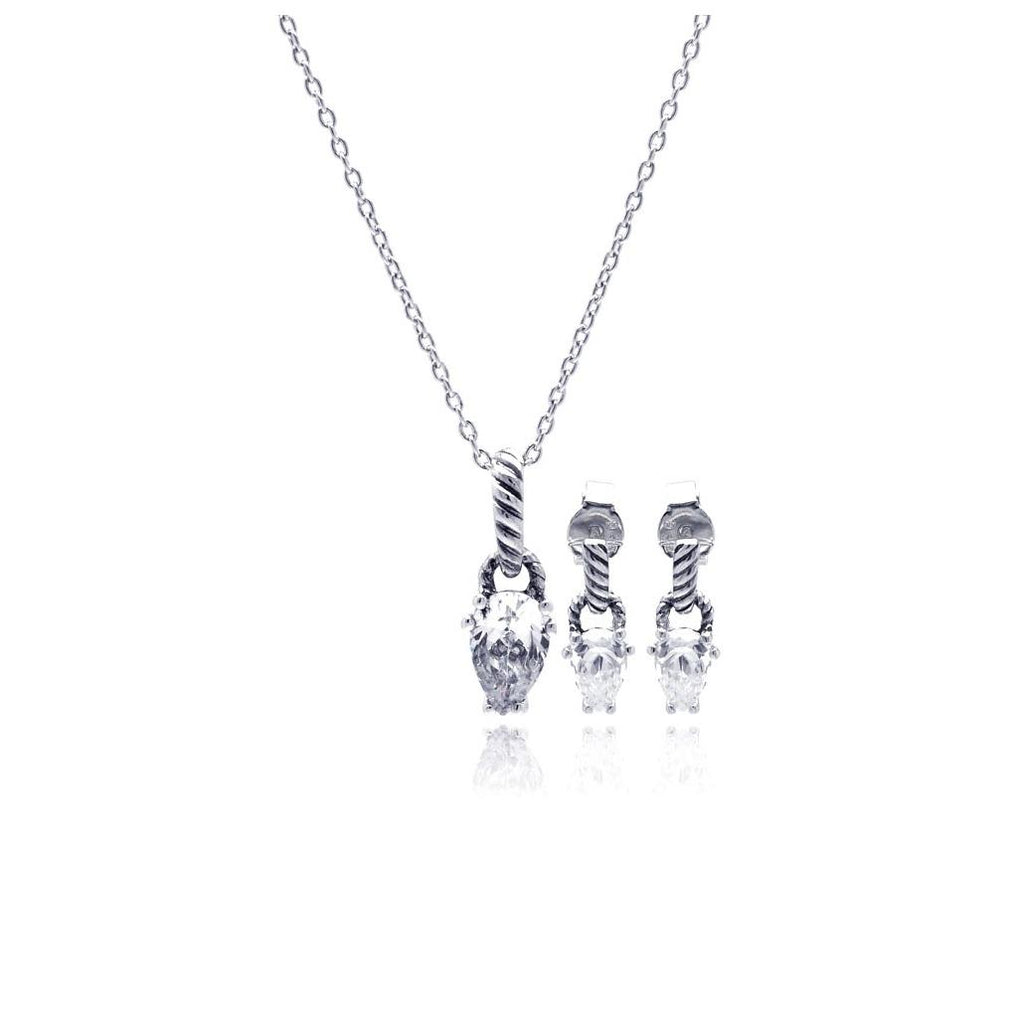 .925 Sterling Silver Rhodium Plated Teardrop Cz Dangling Stud Earring & Necklace Set