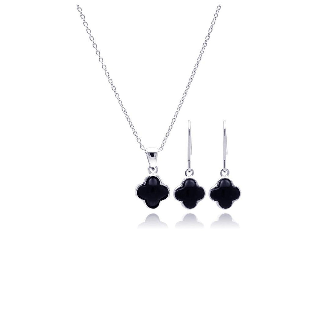 .925 Sterling Silver Rhodium Plated Black Onyx Flower Dangling Hook Earring & Necklace Set