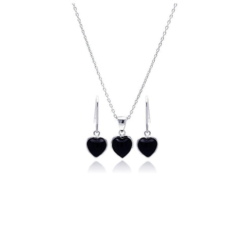 .925 Sterling Silver Rhodium Plated Black Onyx Heart Cz Dangling Hook Earring & Necklace Set