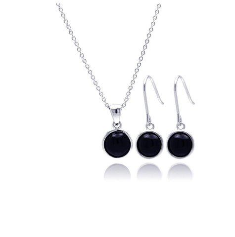 .925 Sterling Silver Rhodium Plated Round Black Onyx Cz Dangling Hook Earring & Necklace Set