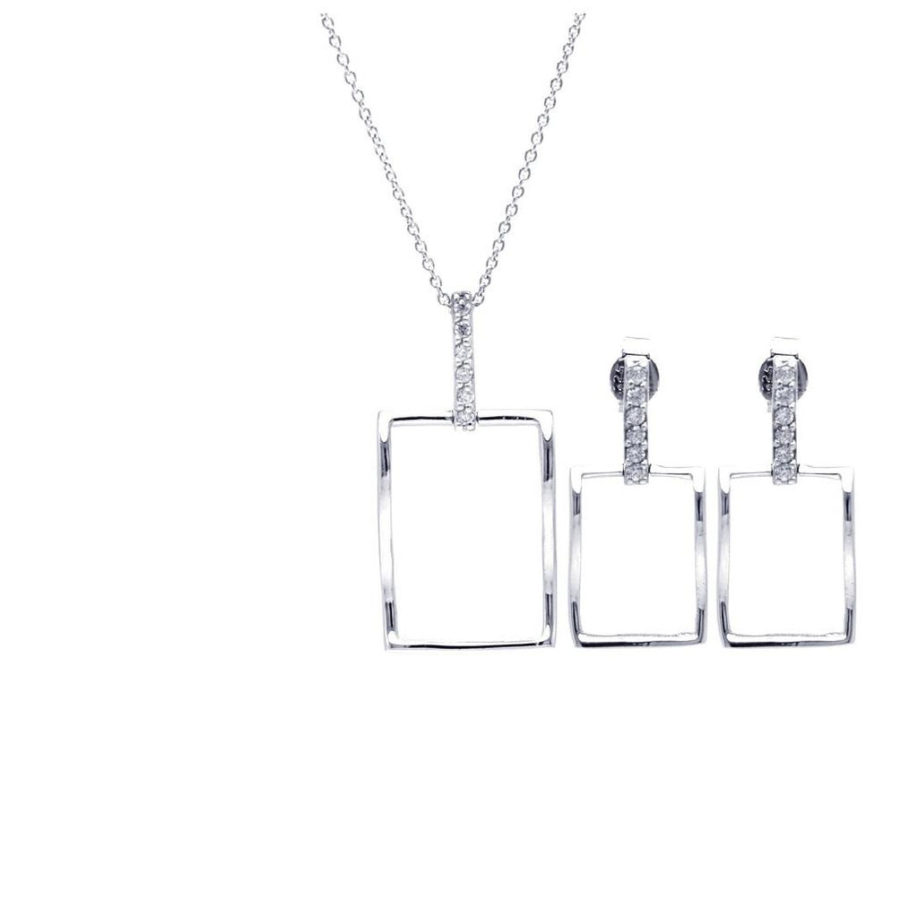 .925 Sterling Silver Rhodium Plated Open Square Cz Dangling Stud Earring & Necklace Set