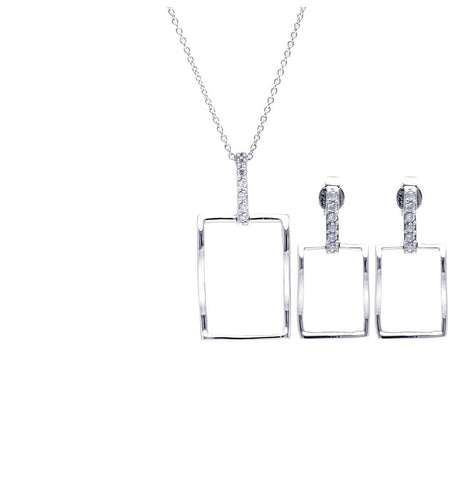 .925 Sterling Silver Rhodium Plated Open Square Cz Dangling Stud Earring & Necklace Set