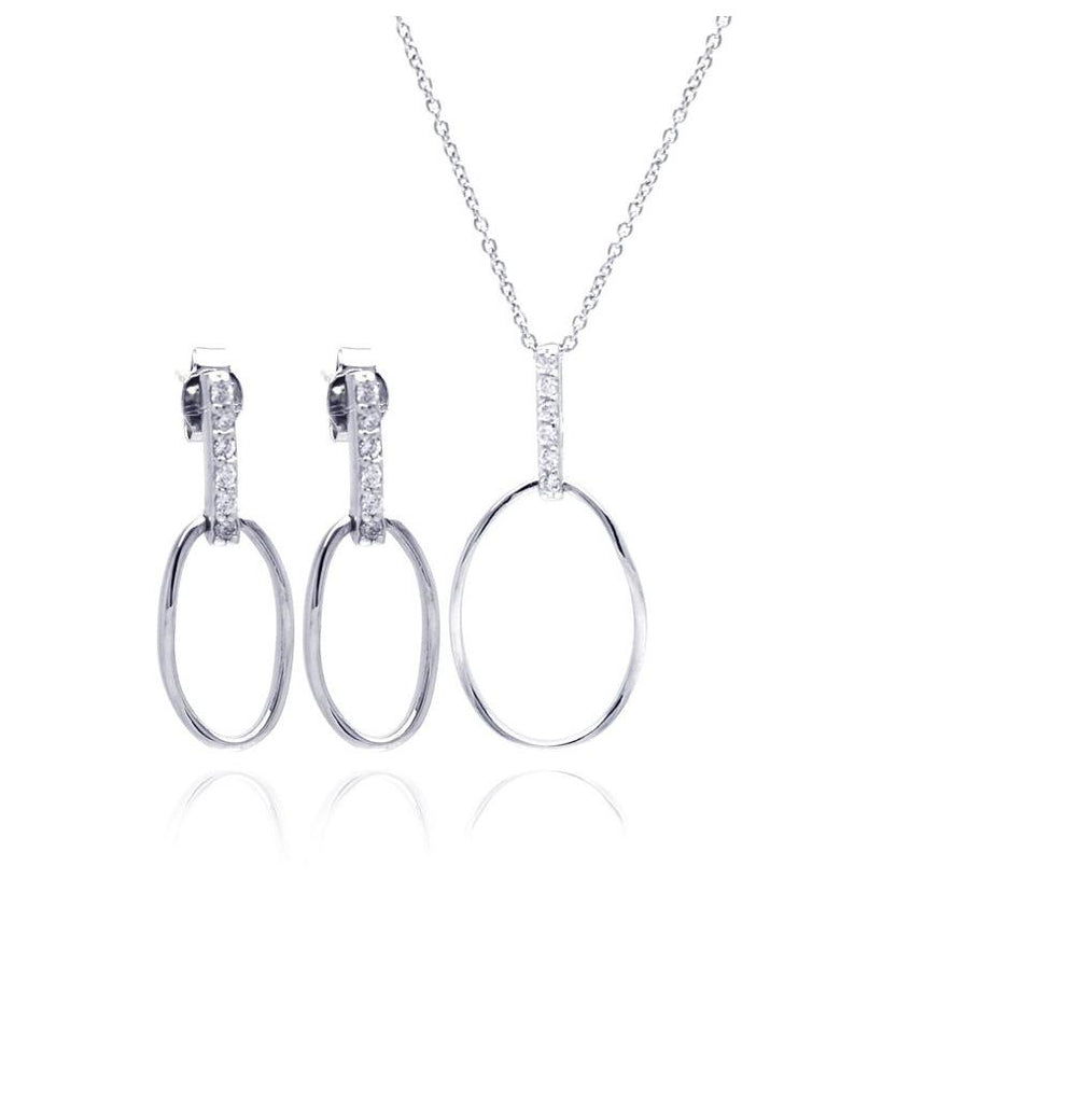 .925 Sterling Silver Rhodium Plated Open Oval Cz Dangling Stud Earring & Necklace Set