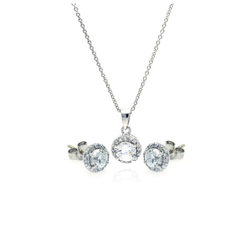 .925 Sterling Silver Rhodium Plated Round Cz Stud Earring & Necklace Set