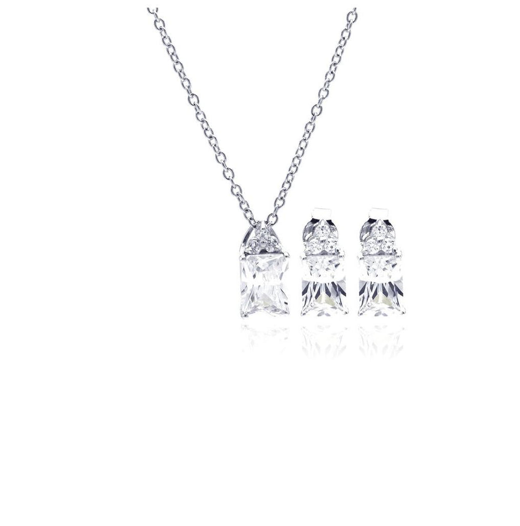 .925 Sterling Silver Rhodium Plated Princess Cut Cz Stud Earring & Necklace Set