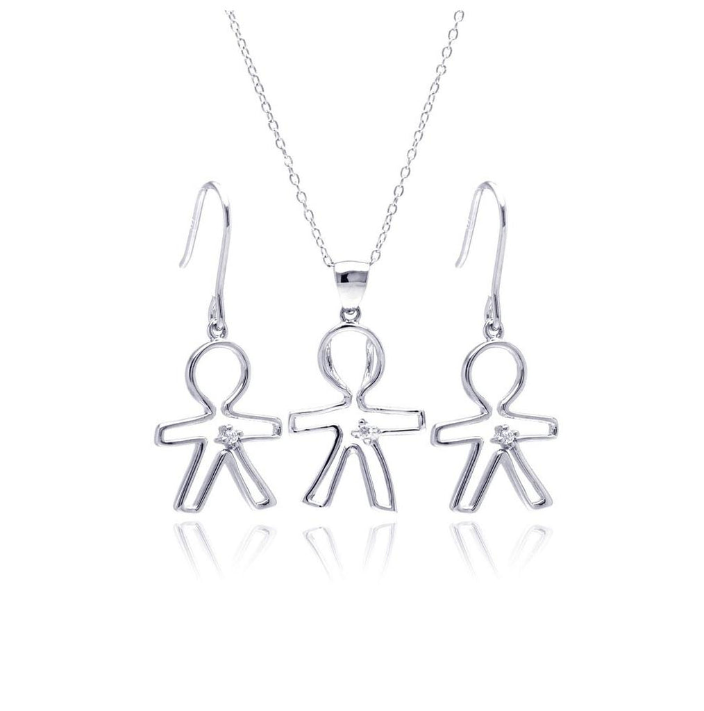 .925 Sterling Silver Rhodium Plated Open Boy Cz Dangling Hook Earring & Necklace Set