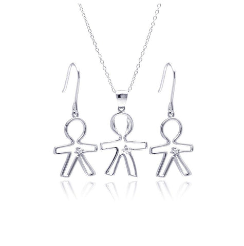 .925 Sterling Silver Rhodium Plated Open Boy Cz Dangling Hook Earring & Necklace Set