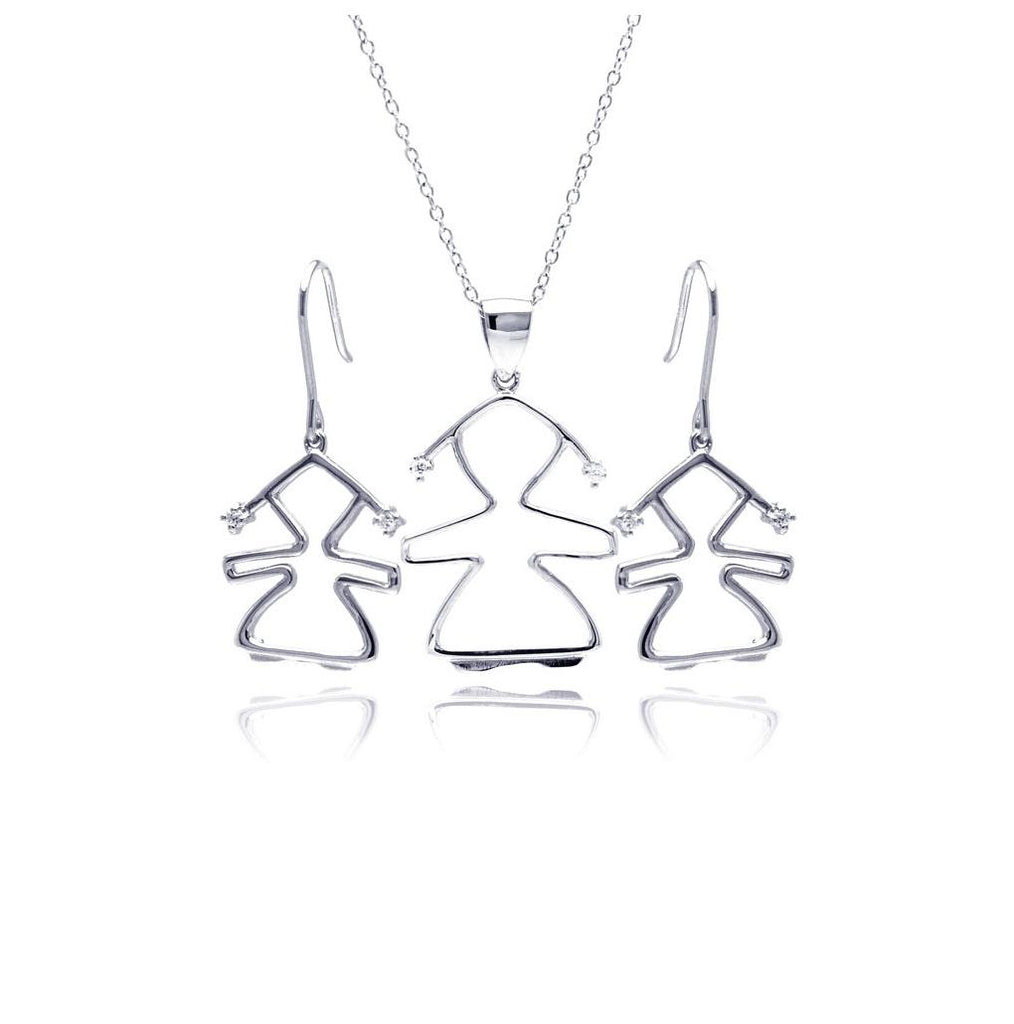 .925 Sterling Silver Rhodium Plated Open Girl Cz Dangling Hook Earring & Necklace Set