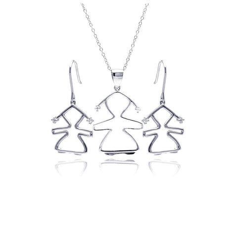 .925 Sterling Silver Rhodium Plated Open Girl Cz Dangling Hook Earring & Necklace Set