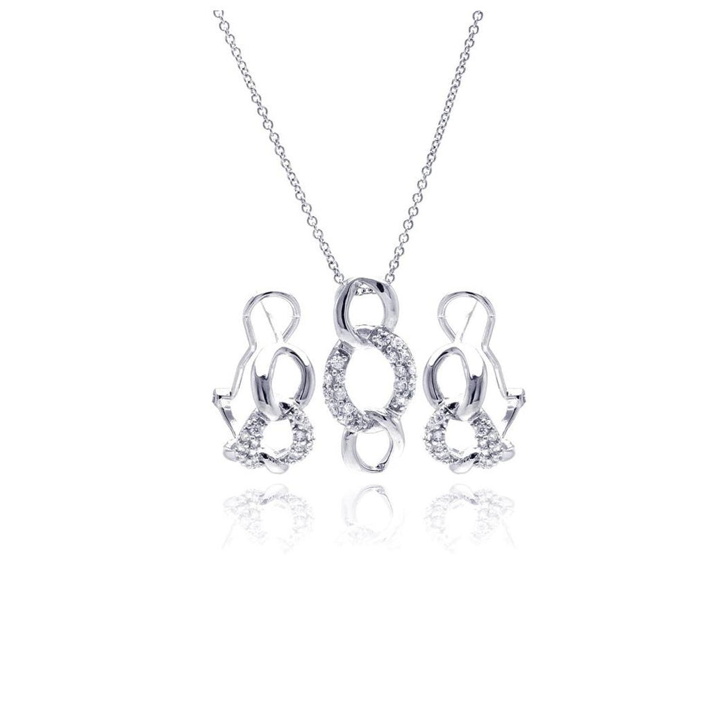 .925 Sterling Silver Rhodium Plated Open Circle Link Cz Lever Back Earring & Necklace Set