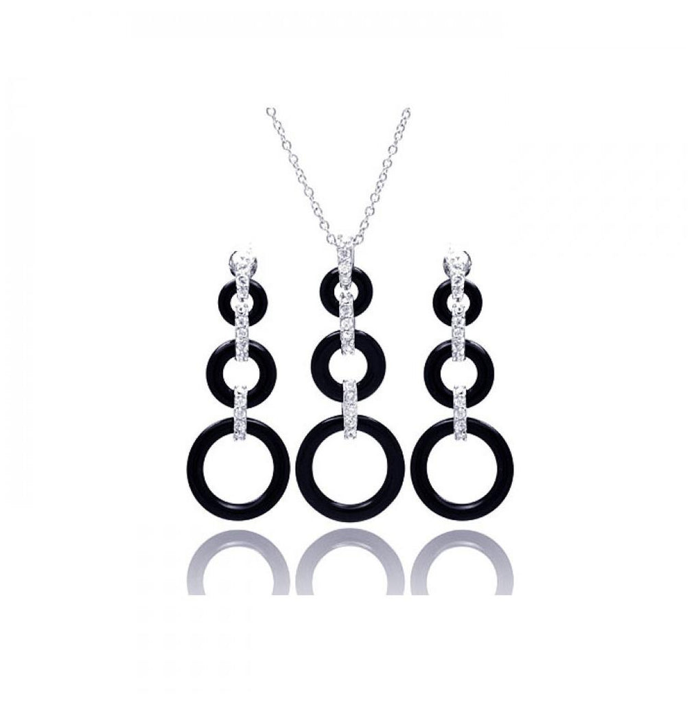 .925 Sterling Silver Rhodium Plated Open Graduated Circle Cz Black Onyx Dangling Stud Earring & Necklace Set