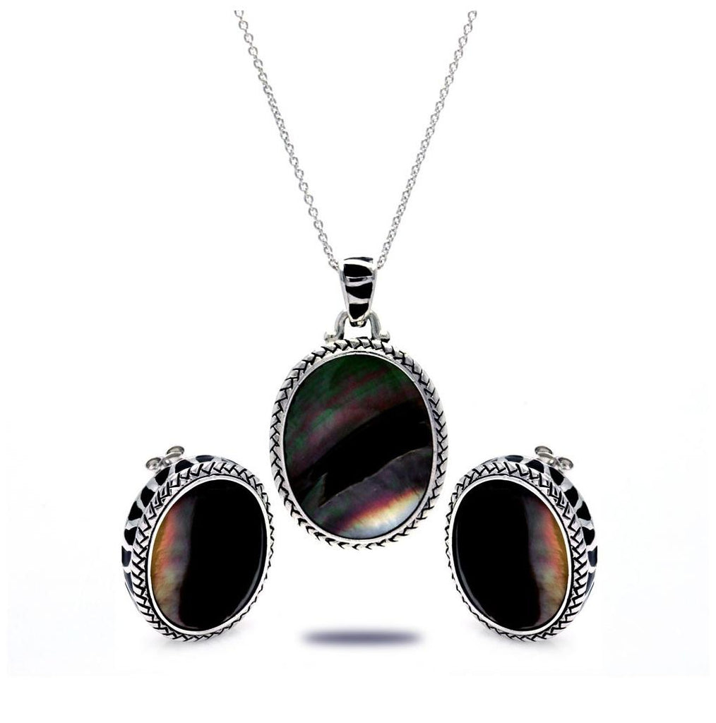 .925 Sterling Silver Rhodium Plated Black Oval Mop Cz Stud Earring & Necklace Set