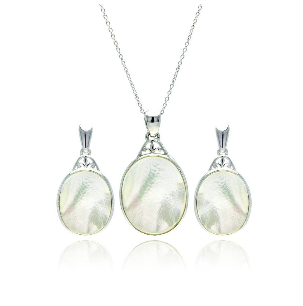 .925 Sterling Silver Rhodium Plated White Oval Mop Cz Dangling Stud Earring & Necklace Set