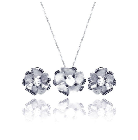 .925 Sterling Silver Rhodium Plated Matte Finsih Flower Cz Stud Earring & Necklace Set