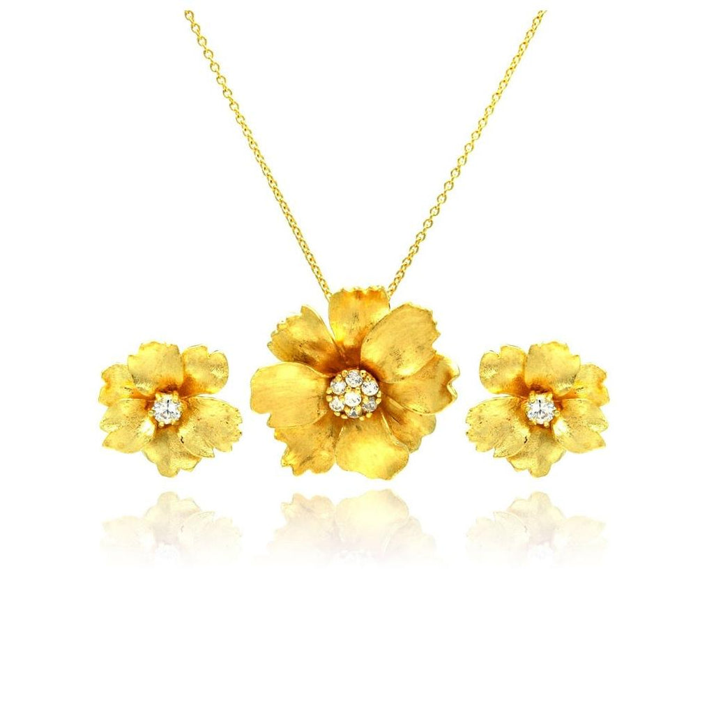 .925 Sterling Silver Gold Plated Flower Cz Stud Earring & Necklace Set